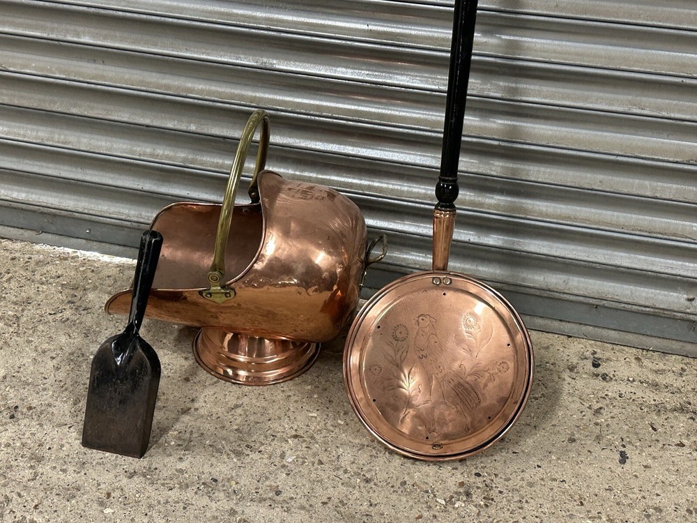 Antique 19thC Copper Coal Scuttle With Pin Hammered Pattern Bed Warmer