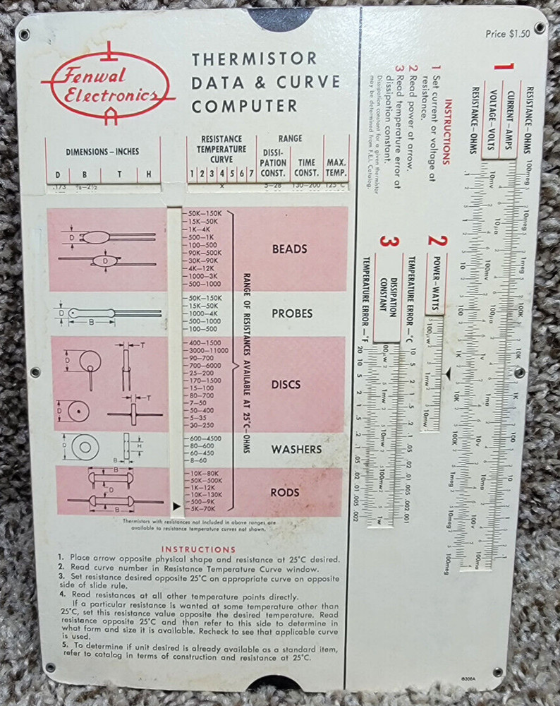 Thermistor Data Curve Computer Slide Rule Perrygraf Corp 1959 Fenwal Electronics
