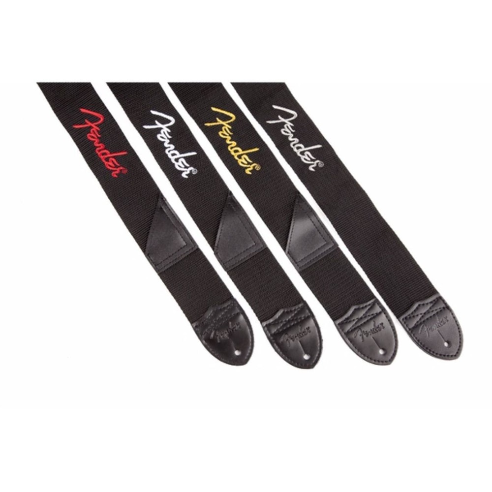 Fender Poly Guitar Strap with Leather Ends, Black w/ Red Logo