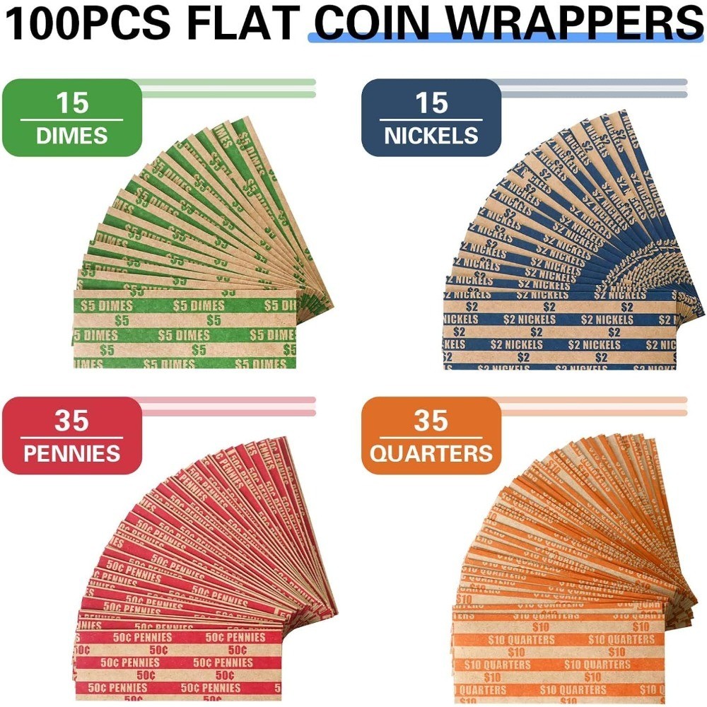 100-Pack Flat Coin Wrappers for US Coins, Assorted Rolls for Quarters, Dimes,