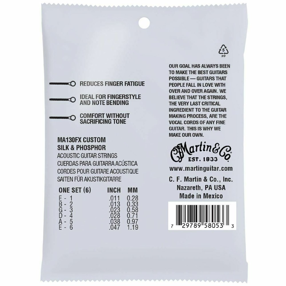 Martin MA130FX Flexible Core Silk & Phosphor Acoustic Guitar Strings, 6-Pack