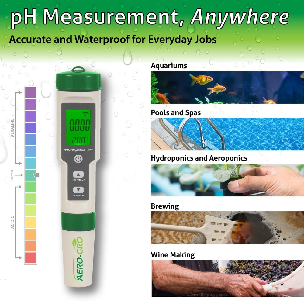 AEROGRO Digital 5in1 Meter 5 Functions pH, TDS, EC, Salinity%, Salinity ppm, ...