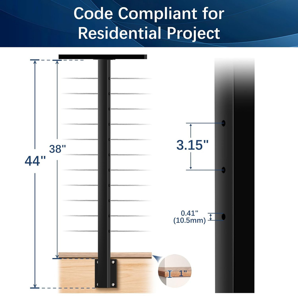 36" Side Mount Cable Railing Post - Stainless Steel Deck Kit, Black