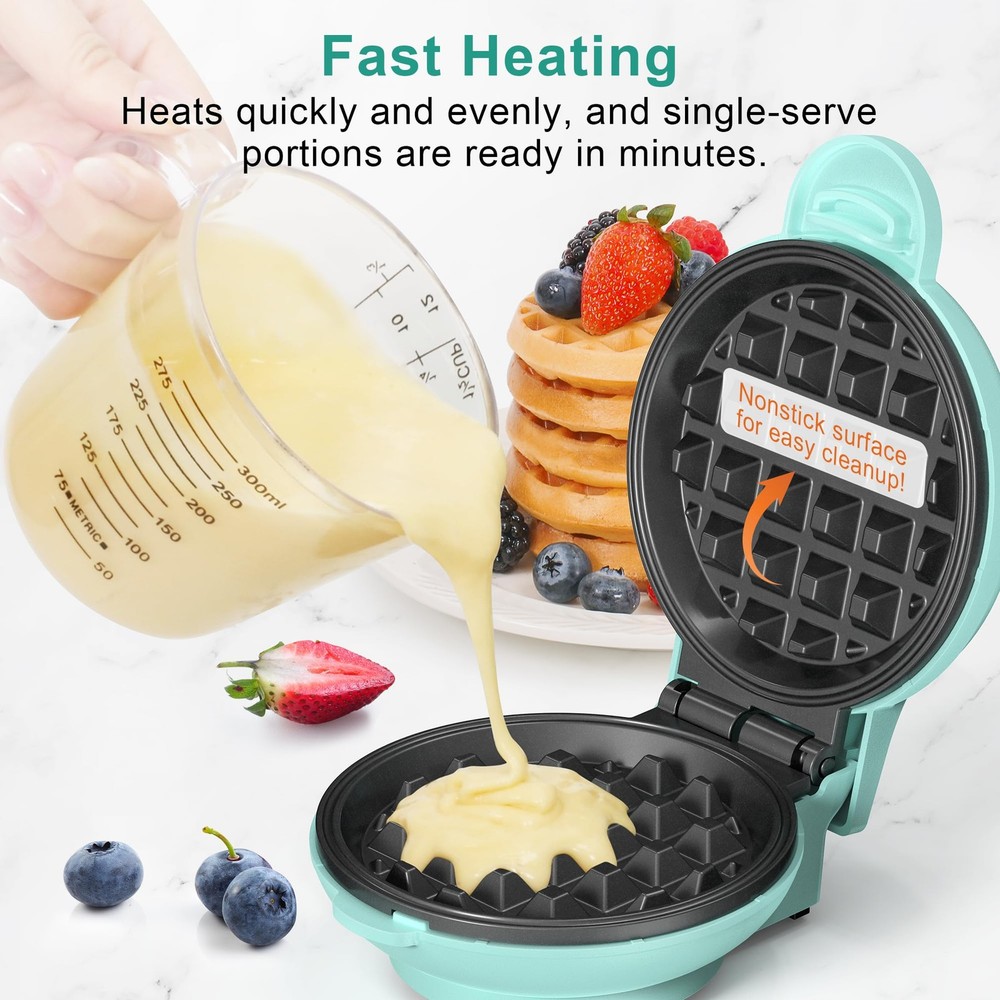 CROWNFUL Mini Waffle Maker, 4" Chaffle Maker with Compact Mini, Mint Green