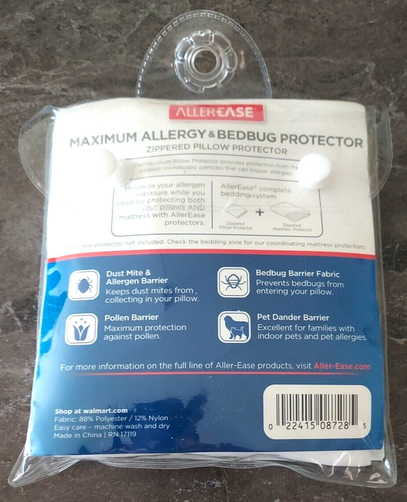 Allerease Maximum Allergy Bedbug Zippered Pillow Protector - Standard Queen NEW