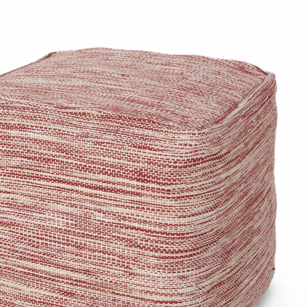 Boho Handmade Fabric Cube Pouf, Red and White