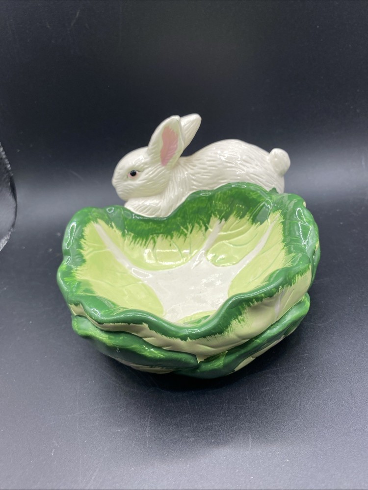 1994 Hermitage Pottery Bunny Cabbage Candy Dish Easter Boxed