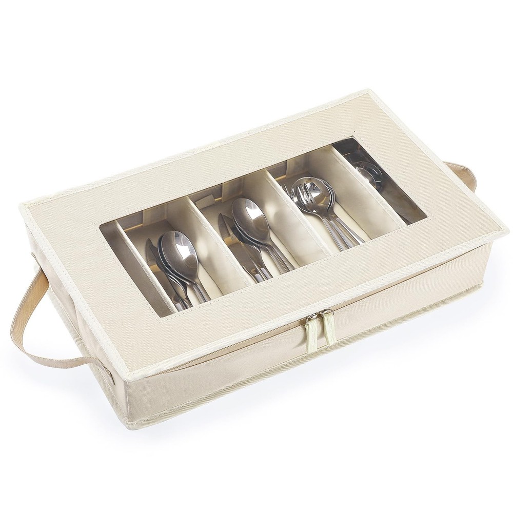 Flatware Utensil Storage Case, Beige Silverware Storage Box Chest with Adjust...