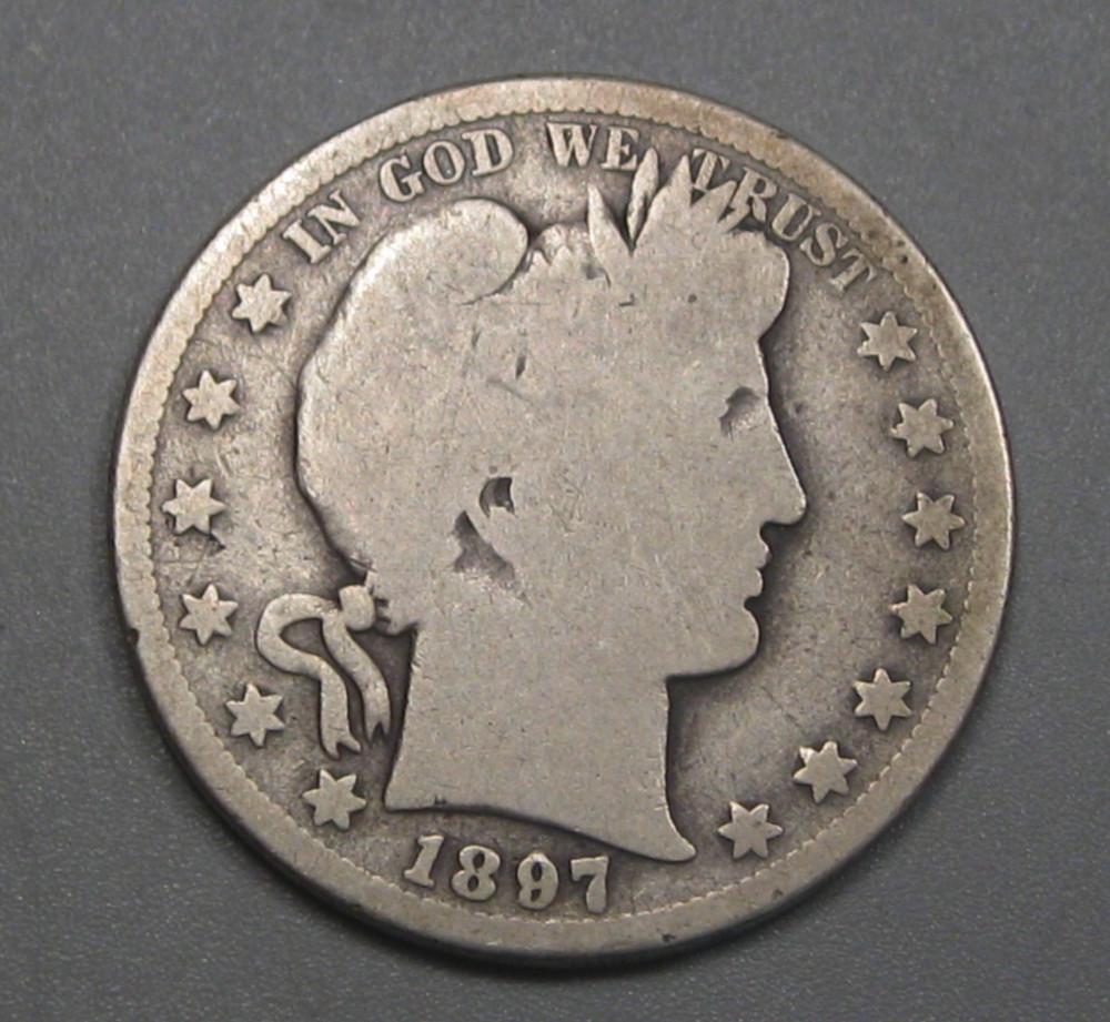 Better-date 1897-s Silver BARBER Half Dollar.