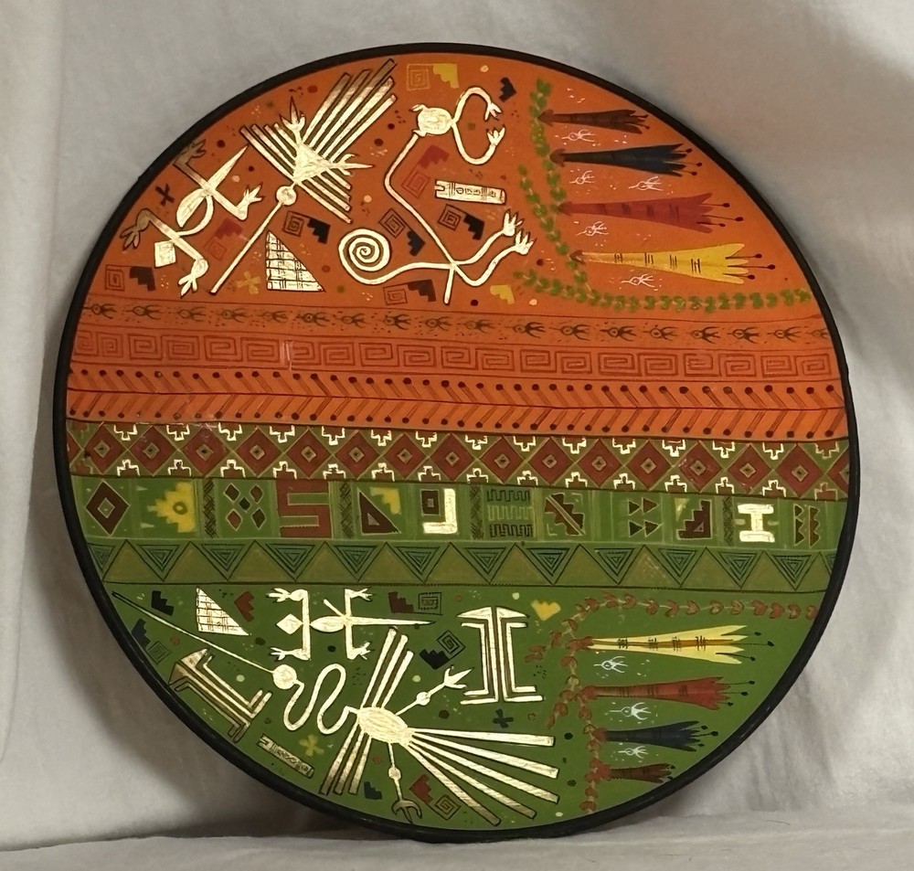 Decorative Wooden Peruvian Plate, Handpainted, 9" Diameter