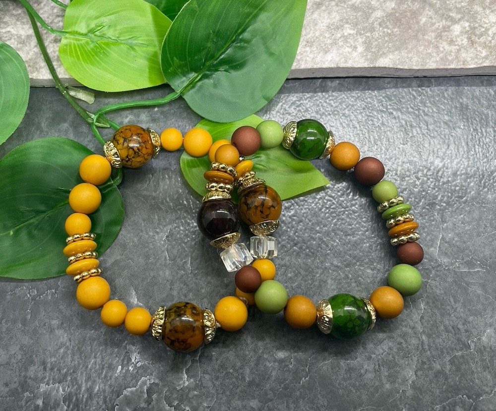 2 PC Handmade Beaded  Boho 7” Plus Stretch Layered Bracelet Set B3949