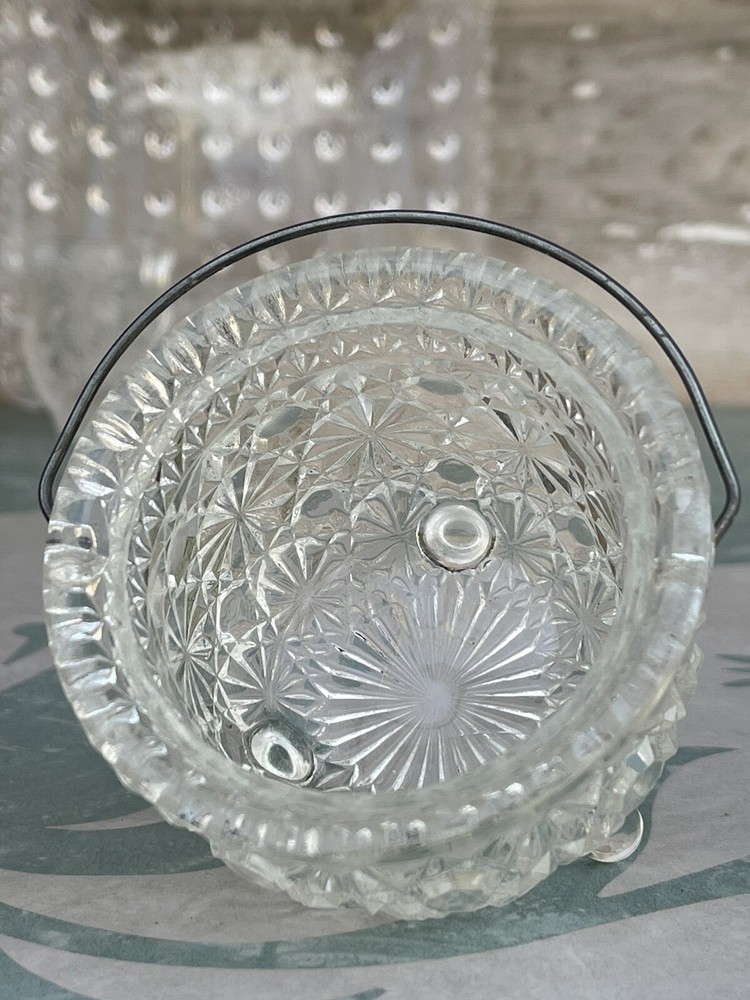 Wright/Smith Glass Daisy & Button Clear Square Plate Mini Pitcher 3 Toed Kettle