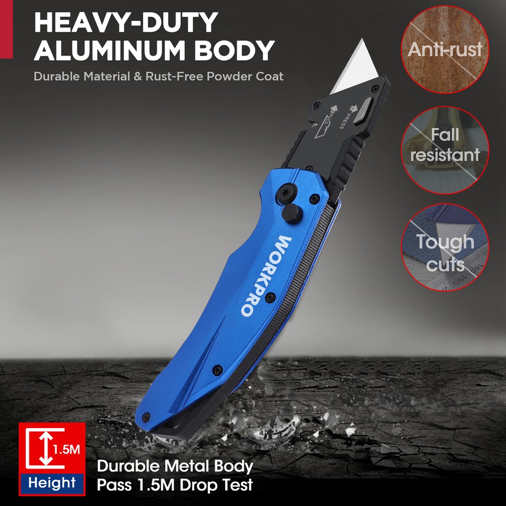WORKPRO Folding Utility Knife, Heavy Duty Metal, Quick Open Axis Lock Box Cutter