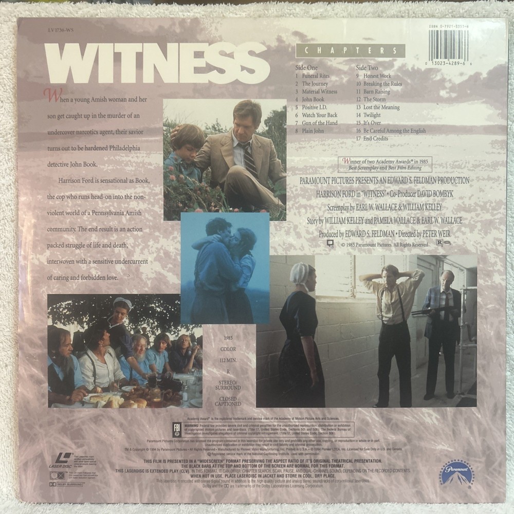 Witness LASERDISC Harrison Ford