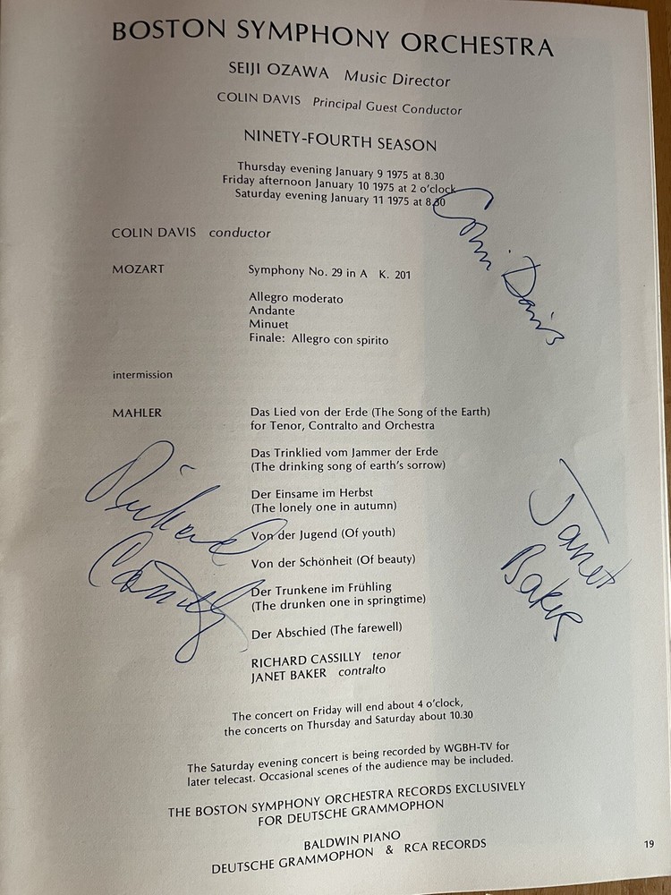 Boston Symphony Orchestra Autographed Program by Colin Davis, Baker & Cassilly