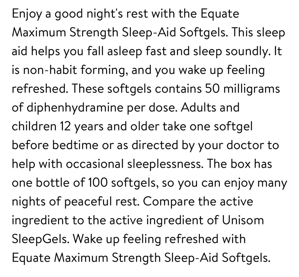 Equate Maximum Strength Sleep-Aid Softgels, 100 Count, EXP 12/2025.