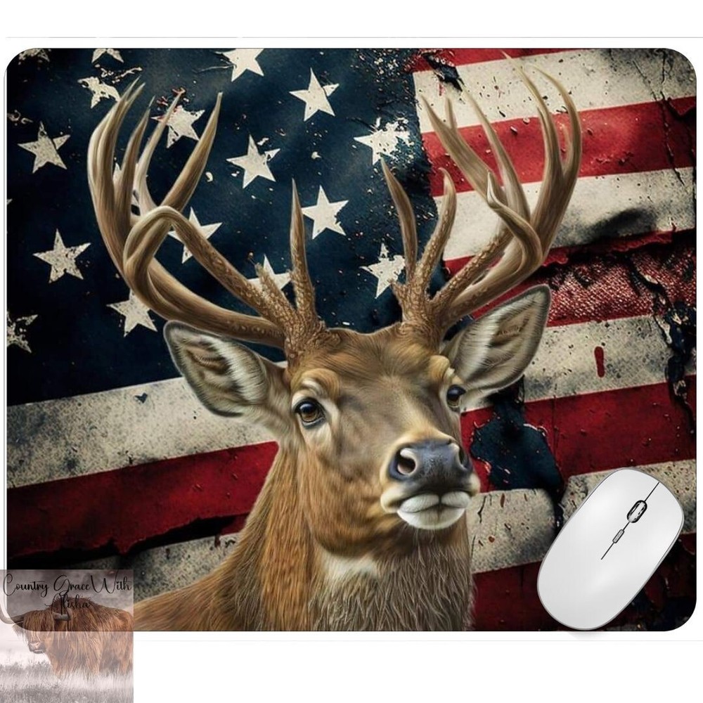 Deer USA Flag Computer Non Slip Custom Mouse Pad Handmade
