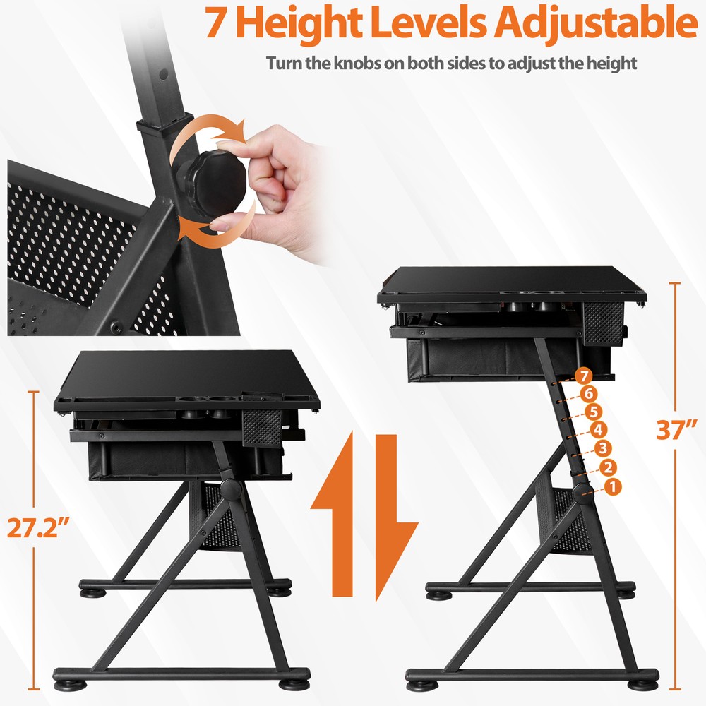 Adjustable Drafting Drawing Tiltable Table & Stool w/ 2 Drawers & Outlet Black