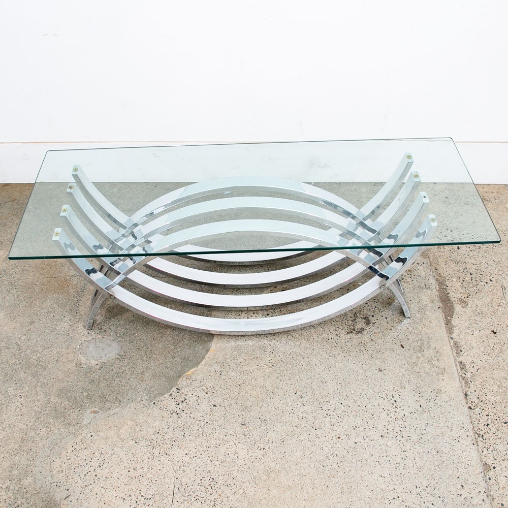Mid Century Modern Coffee Table Chrome Glass Rectangular Vintage Sculptural Mcm
