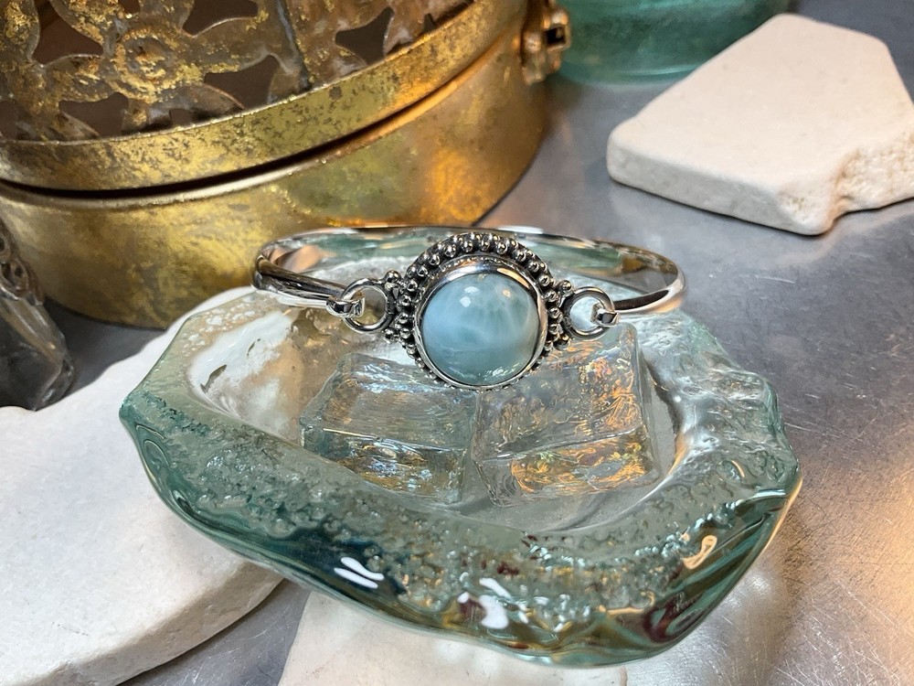 Genuine 925 Sterling Silver Larimar Gemstone Solid Clasp Bangle