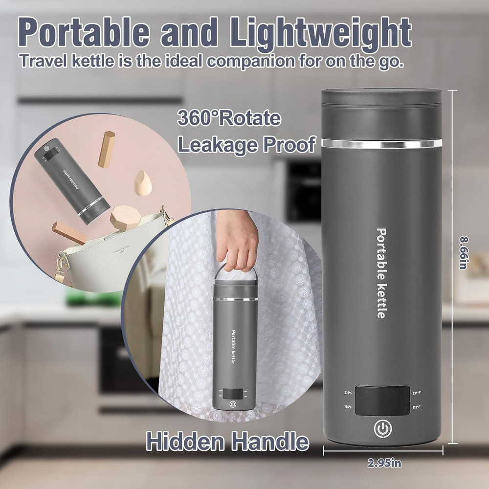 Travel Electric Kettle 400ml Portable Mini Boiler 4 Temp Stainless Grey