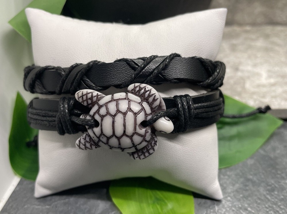 2 PC Leather Bracelet Stackable Adjustable Tie Free Ship Turtle B3280