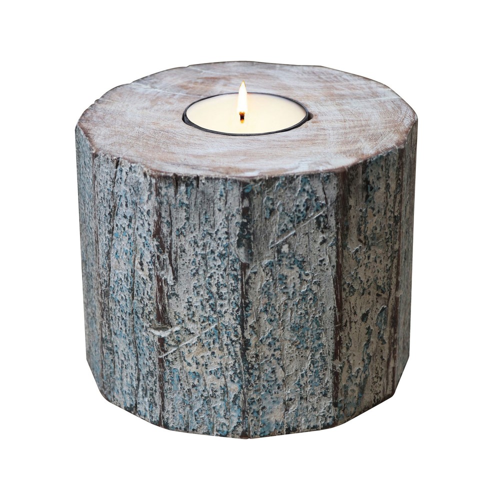 5" Brown And White Solid Wood Tabletop Tealight Candle Holder