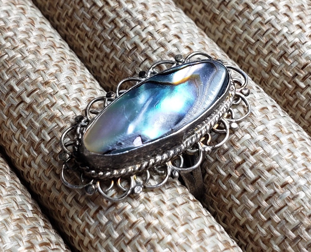 Vintage Abalone Shell Ring Filigree Setting Mexico Silver