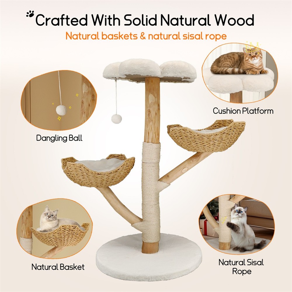Solid Willow Wood Cat Tree w/ Soft White Bed & Scratching Post for 3 Large Cats