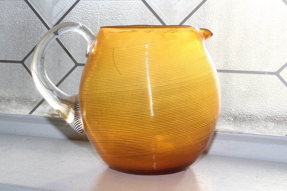 Vintage Amber Threaded Glass Pitcher MCM