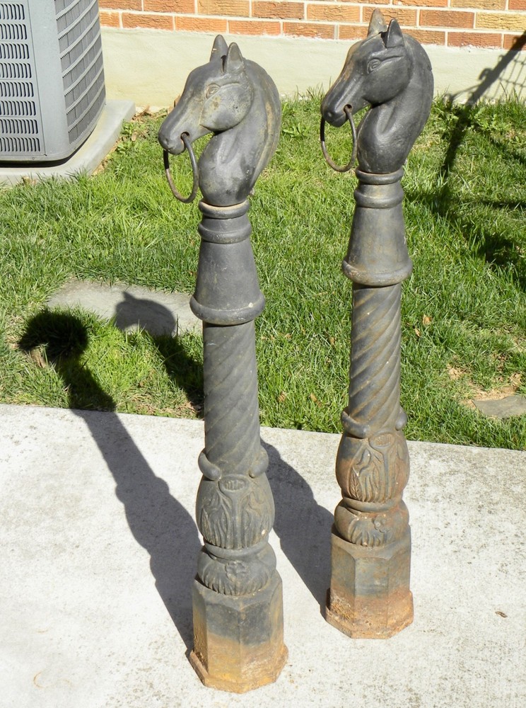 TWO Matching Authentic 42" Cast Iron HORSE HEAD Hitching Posts w/ 8-Sided Base