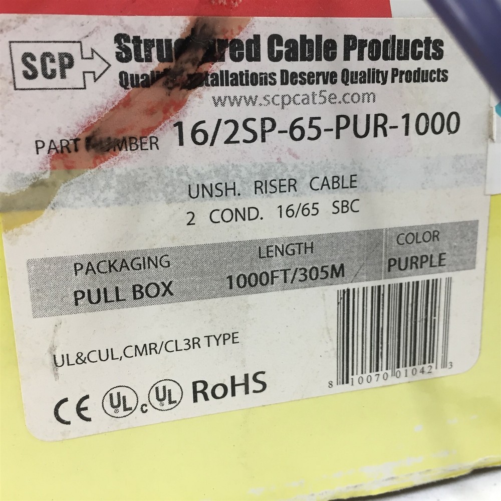 Structured Cable Products 16/2SP-65-PUR-1000 Unshielded Riser Cable 2/C 1000'