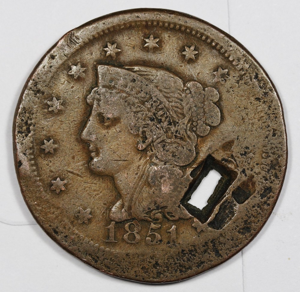 1851 Large Cent.  Square Holed.  212617