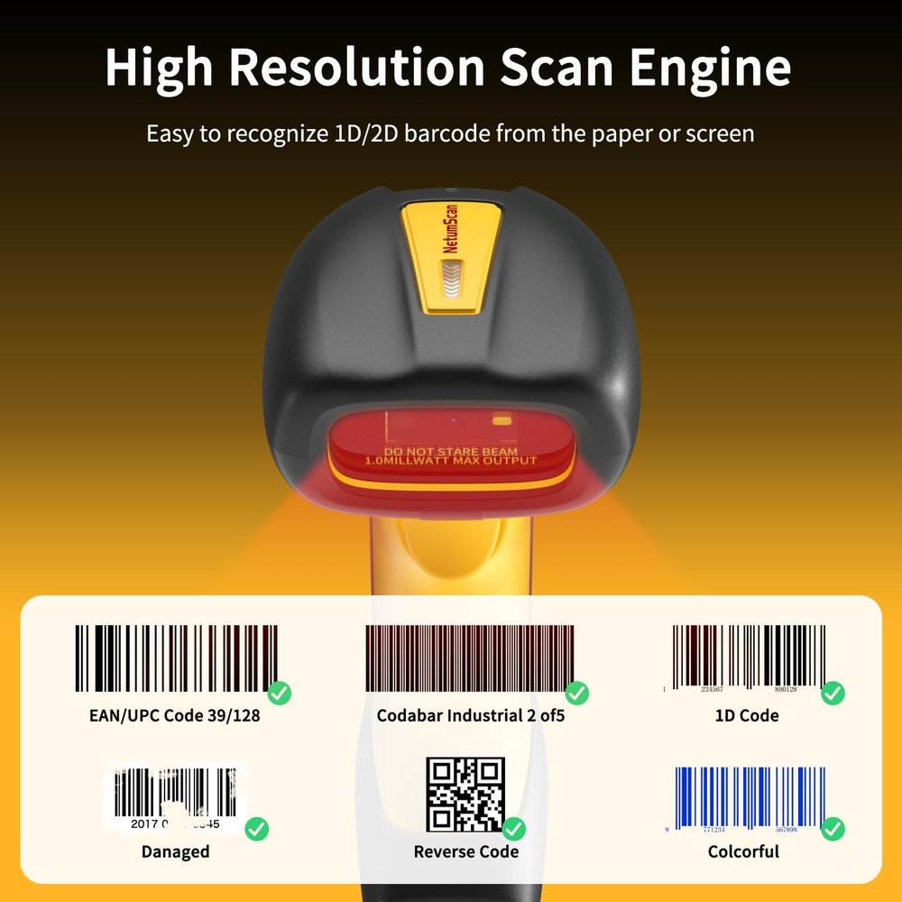 NetumScan Industrial Bluetooth QR Barcode Scanner, IP67 Waterproof & Yellow