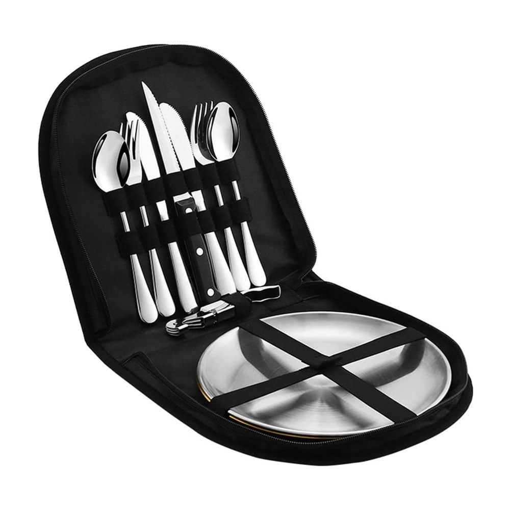2-Person Metal Camping Utensil Set Silverware with Case Knife Fork Spoon