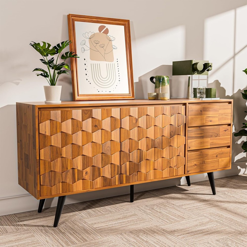 Mid Century Modern Solid Wood Sideboard with 2 Doors & 3 Drawers, Teak Brown