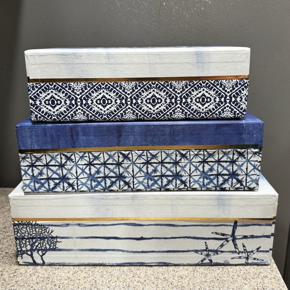 3 Decorative Stacking Paperboard Boxes Small Suitcase-Style Nautical Theme EUC