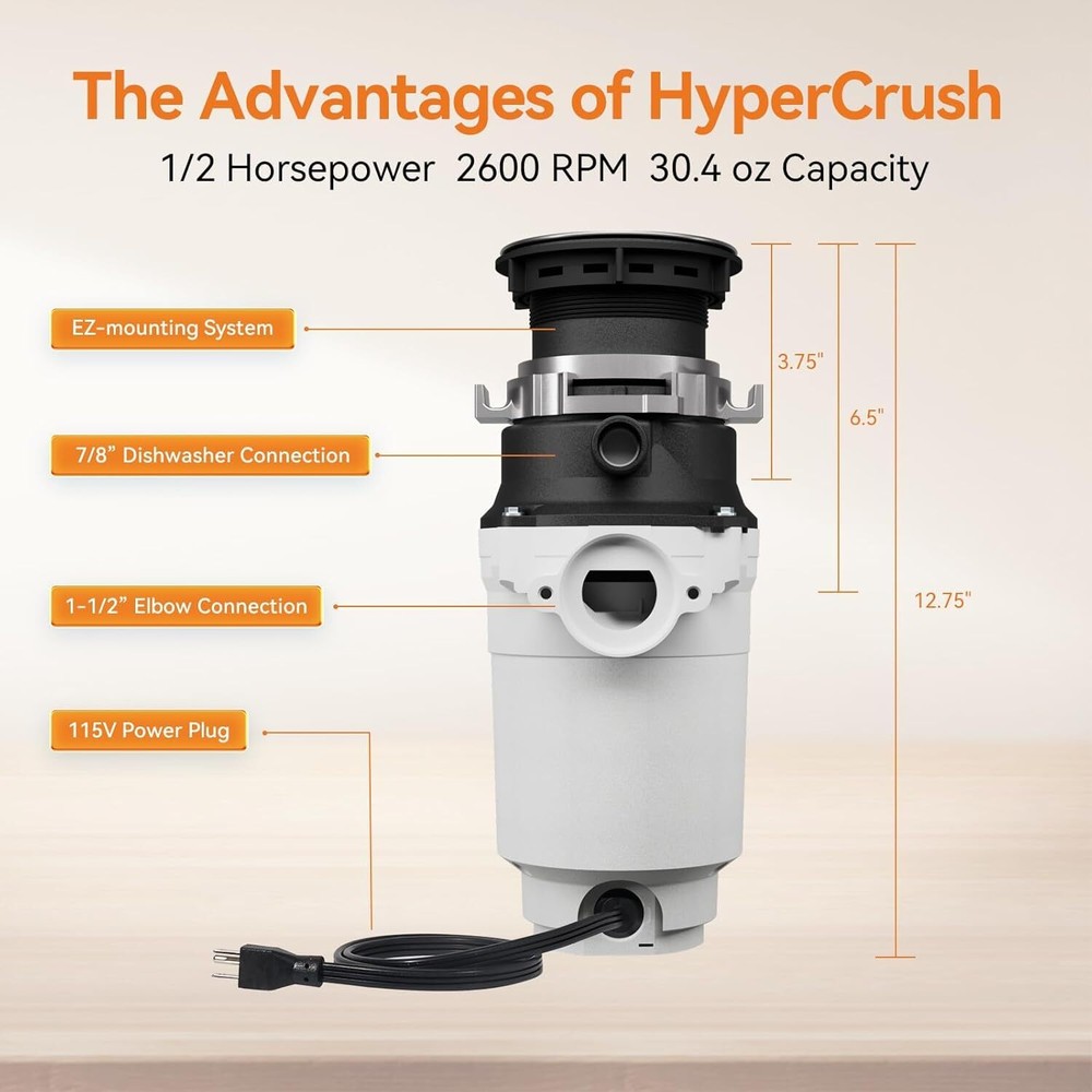 1/2HP Garbage Disposal Continuous Feed Disposer Corded 2 Stage EZ Mount