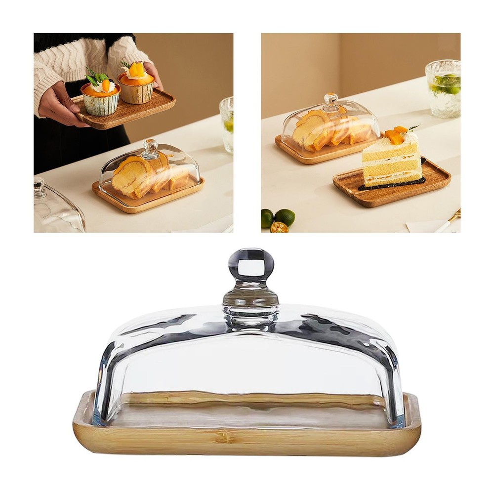 Bamboo Cake Plate Cake Tray Appetizer Platter Rectangular Fruit Plate with Dome