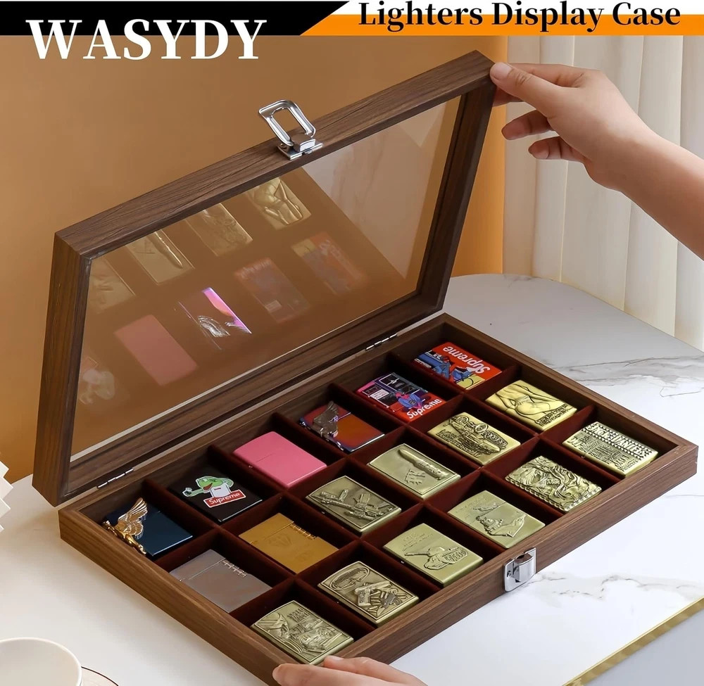 Zippo Lighter Display Case，Zippo Lighter Case With Glass Top&Lock,18 Capacity