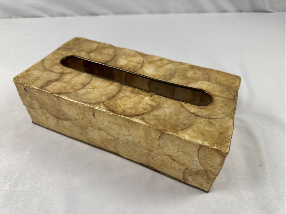 Vintage CAPIZ SHELL Brass Trim Rectangular Tissue Box Holder Cover BOHO 10"