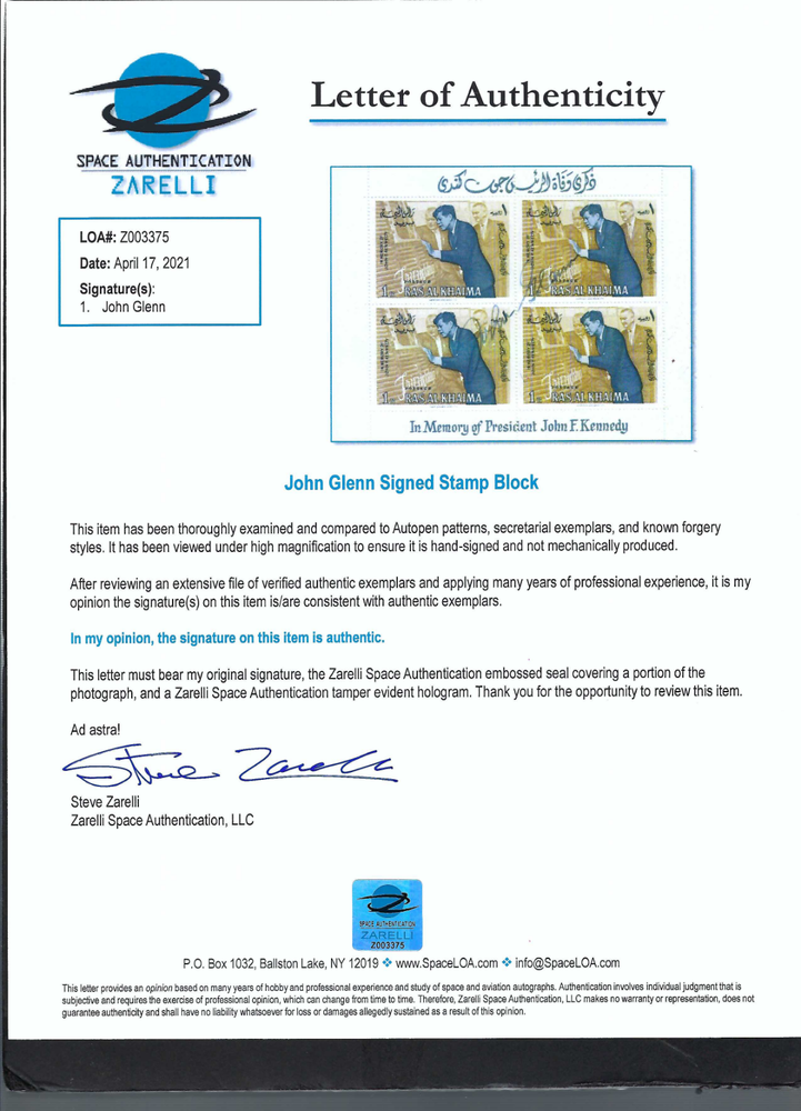 John Glenn signed stamp Mercury Astronaut Steve Zarelli Authenticated