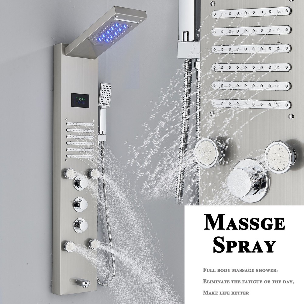 ELLO&ALLO Shower Panel Tower System Brushed Nickel LED Rainfall Massage Jets Tap