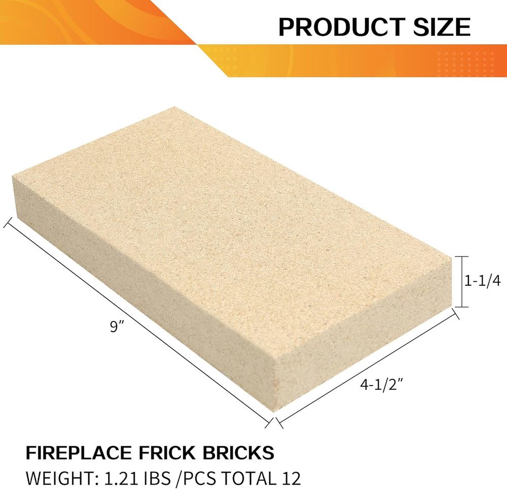 12PCS Woodstove Firebricks, Fire Bricks, Size 9" X 4-1/2" X 1-1/4", Fire Bricks
