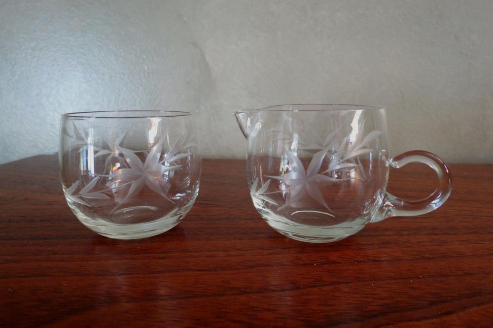 Petite Etched Hand Blown Creamer and Sugar Bowl