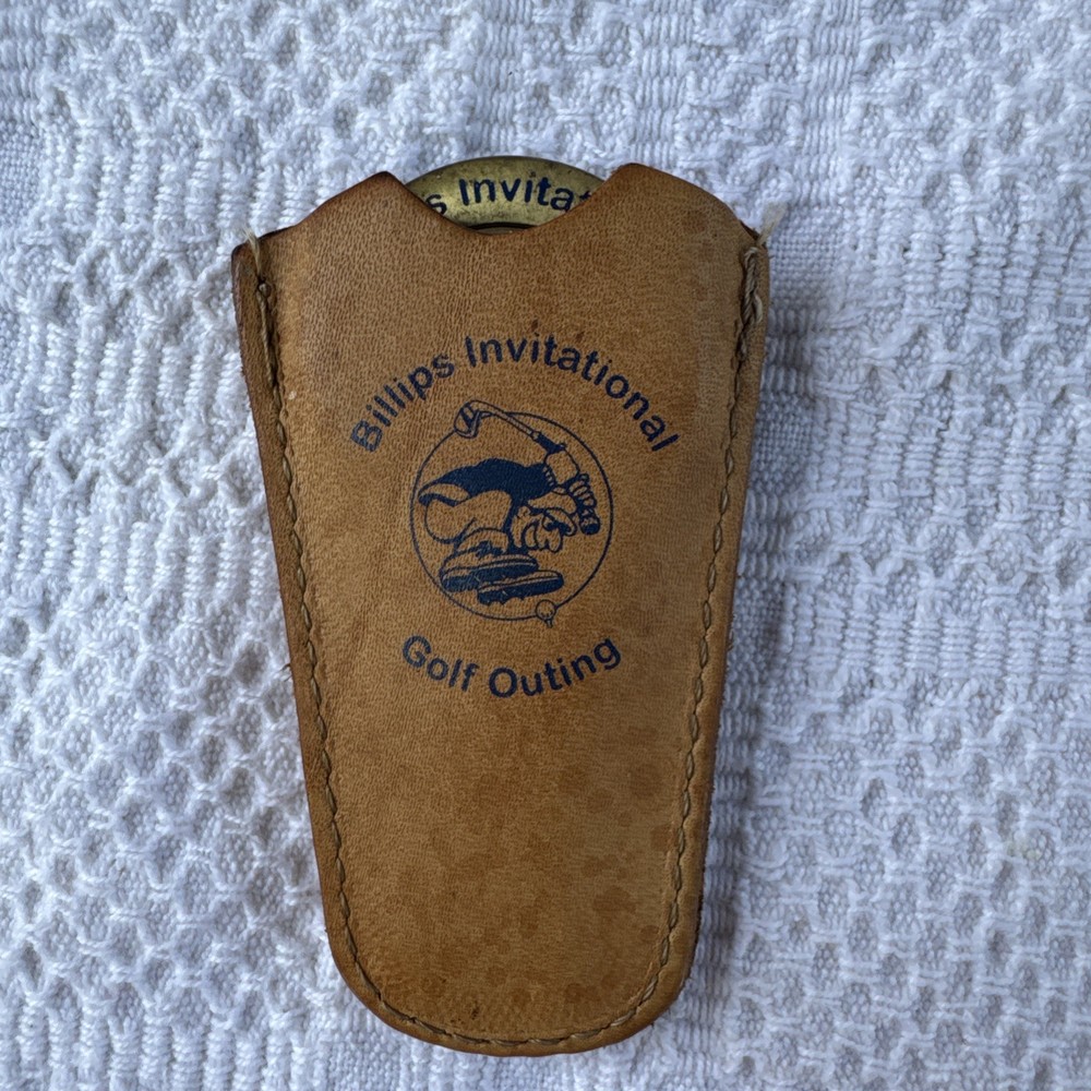 Billips Invitational Brass Golf Divot Tool Marker With Leather Case Logo