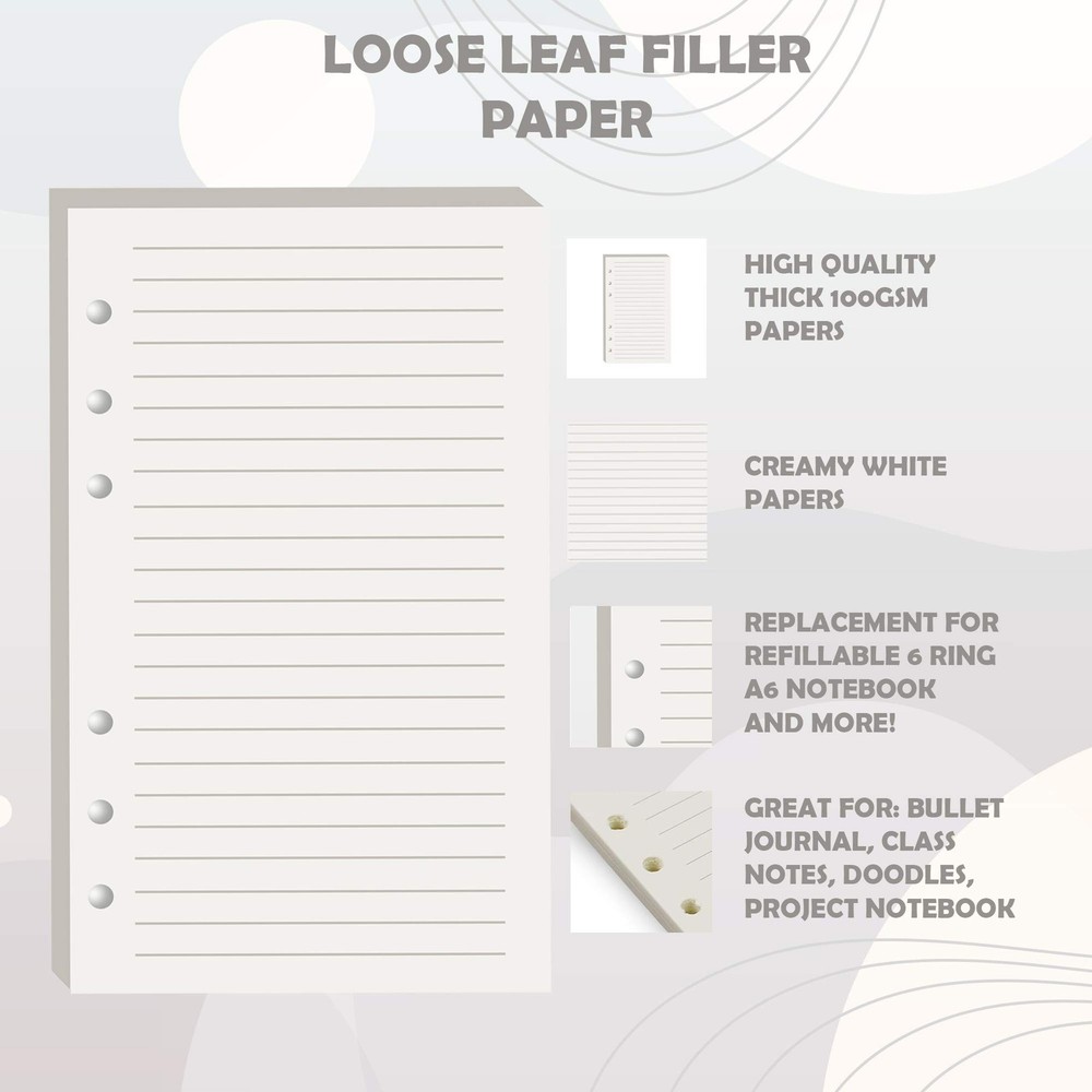A6 Refillable Lined Paper Inserts – 6‑Ring Binder 6.75" X 4.125", White
