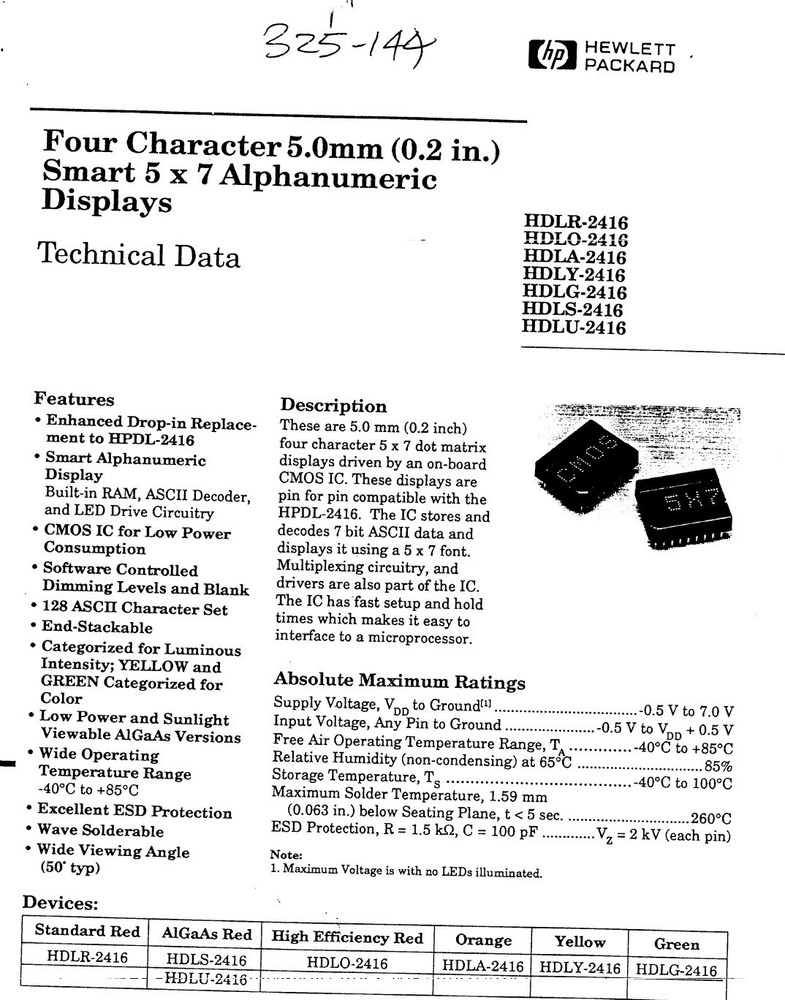 HP/Broadcom HDLS-2416 4-Character ASCII 5x7 Alphanumeric LED Display InGaAs Red