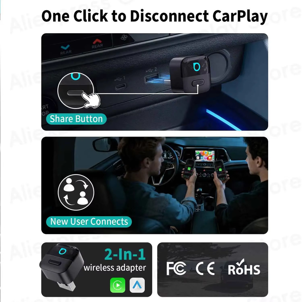 Mini Pico Wireless CarPlay Android Auto Adapter WiFi6 USB Plug & Play