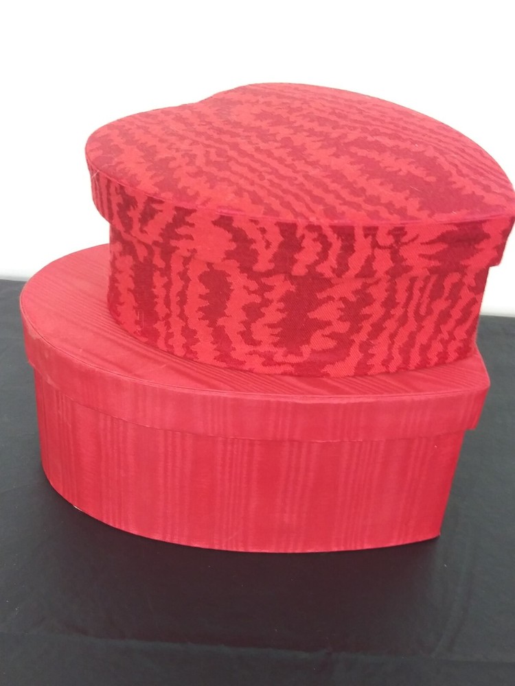 2 Red Fabric Covered Stacking Nesting Heart Boxes Satin Moire & Brocade Wedding